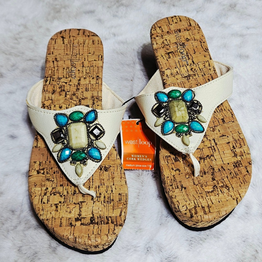 Cork Wedge Gemstone Platform Sandals 7/8 Boho Festival Beach Resort Flip Flop